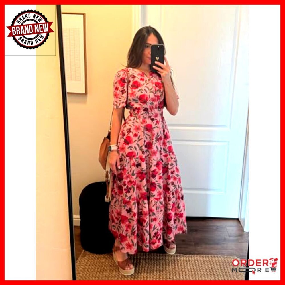 Floral Boho Maxi Dress V-Neck Short Sleeve A-Line Casual Beach Vacation - Picture 5 of 7